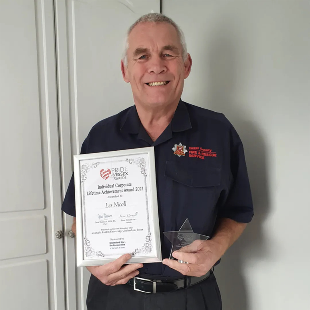 Les Nicoll of Essex Fire and Rescue, pictured here with his Pride of Essex Individual Lifetime Corporate Award in 2021.