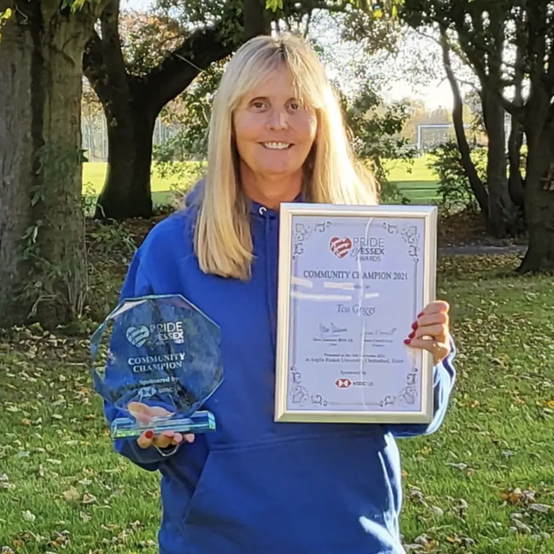 Tess Griggs,of the Pride of Essex Community Champion Award 2021, pictured here with the trophy.